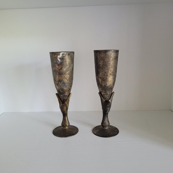 Vintage Heavy Plated Silver Egyptian Revival Bird Toasting Goblets - set of two - Picture 4 of 12